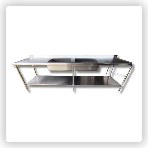 Pia de Inox 2,80m com Dois Bojos e Prateleira Lisa